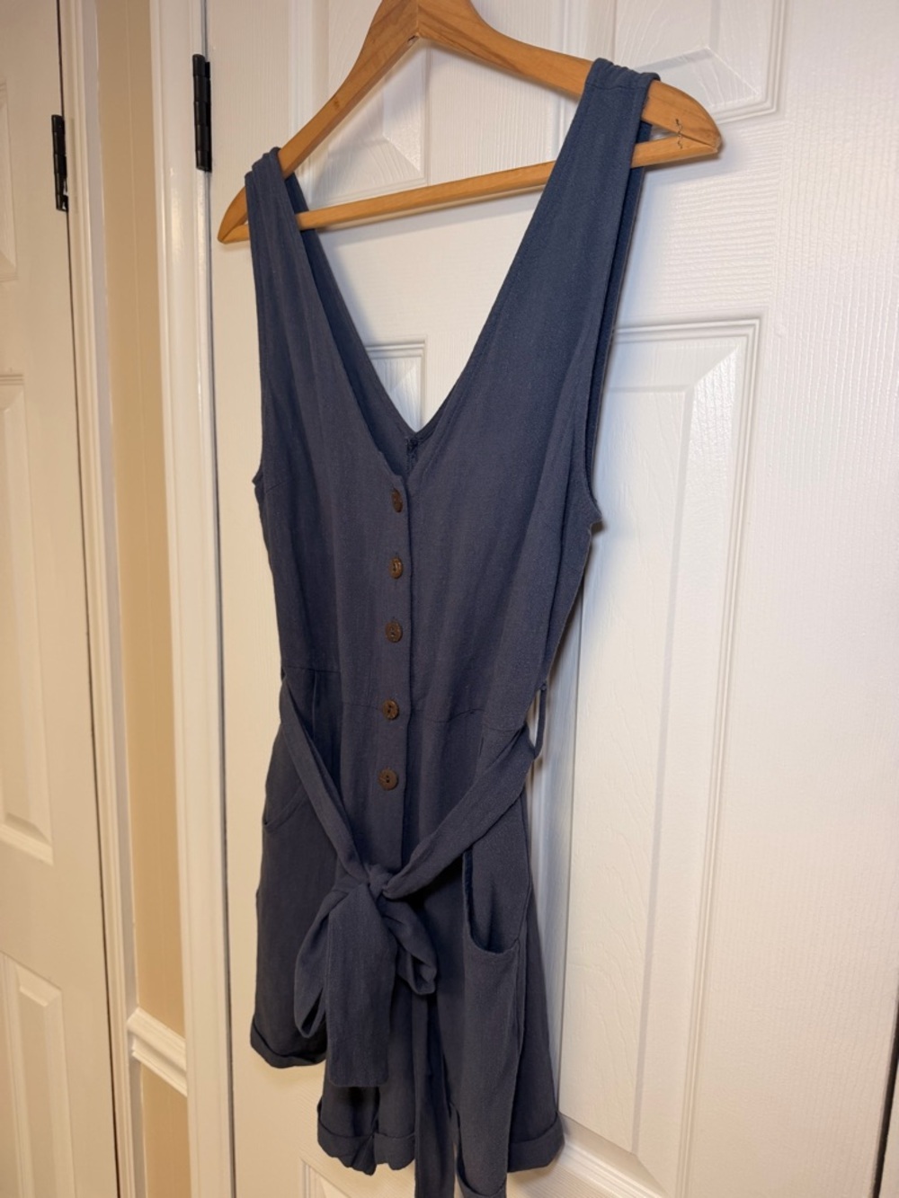 VICI Linen Blend Romper Blue Button Front Tie Waist Pocketed Boho Summer Small - Picture 7 of 11